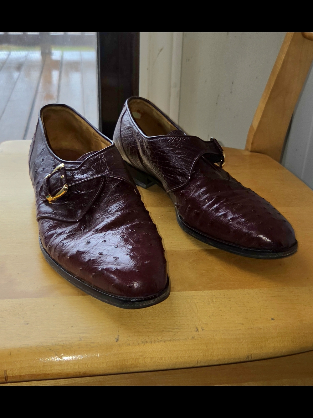 WENS Men's Burgundy Real Ostrich Leather Monk Strap Dress Shoes
